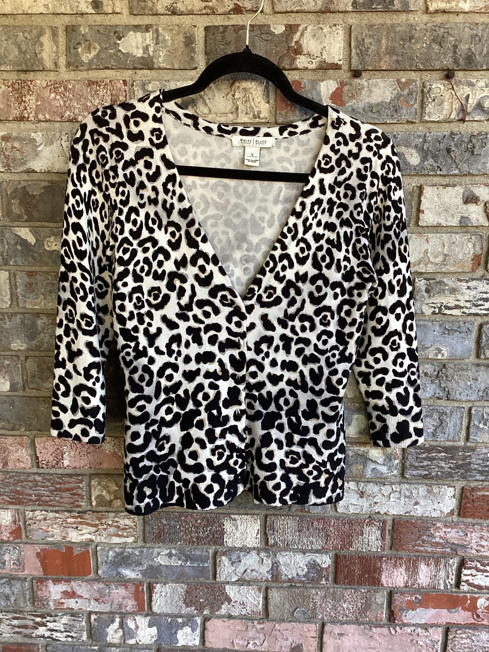 White House Black Market Black & White Leopard V-Neck Button Cardigan